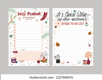 Set of planners and to do lists with simple scandinavian illustrations and trendy lettering. Template for agenda, planners, check lists, and other stationery. Isolated. Vector. Background