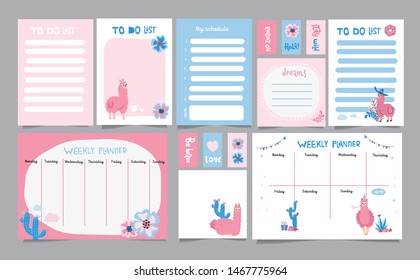 Set of planners and to do lists with simple scandinavian illustrations and trendy lettering with cacti and cute llama characters. Vector Template for agenda, planners and other stationery. Isolated