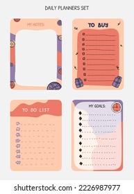 Set of planners and to do lists with simple illustrations and trendy lettering. Template for planners, check lists, and other stationery. Isolated. Vector.