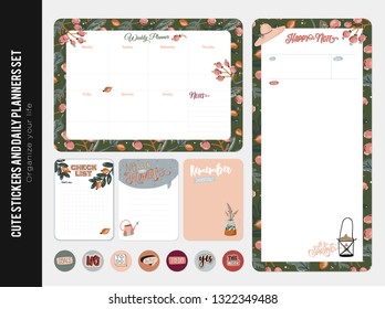 Set of planners and to do lists with spring floral scandinavian illustrations and trendy lettering. Template for agenda, planners, check lists, and other stationery. Isolated. Vector background