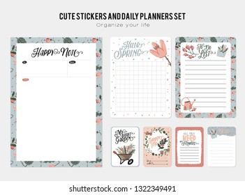 Set of planners and to do lists with spring floral scandinavian illustrations and trendy lettering. Template for agenda, planners, check lists, and other stationery. Isolated. Vector background