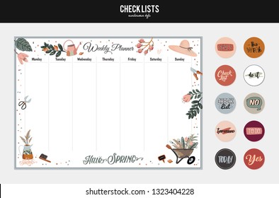 Set of planners and to do lists with spring floral scandinavian illustrations and trendy lettering. Template for agenda, planners, check lists, and other stationery. Isolated. Vector background