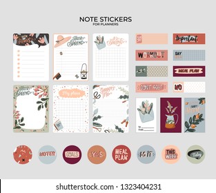 Set of planners and to do lists with spring floral scandinavian illustrations and trendy lettering. Template for agenda, planners, check lists, and other stationery. Isolated. Vector background