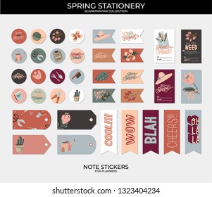 Set of planners and to do lists with spring floral scandinavian illustrations and trendy lettering. Template for agenda, planners, check lists, and other stationery. Isolated. Vector background