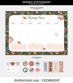 Set of planners and to do lists with spring floral scandinavian illustrations and trendy lettering. Template for agenda, planners, check lists, and other stationery. Isolated. Vector background