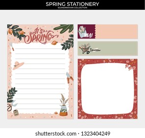 Set of planners and to do lists with spring floral scandinavian illustrations and trendy lettering. Template for agenda, planners, check lists, and other stationery. Isolated. Vector background
