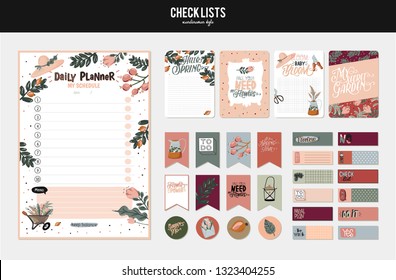 Set of planners and to do lists with spring floral scandinavian illustrations and trendy lettering. Template for agenda, planners, check lists, and other stationery. Isolated. Vector background
