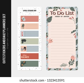 Set of planners and to do lists with spring floral scandinavian illustrations and trendy lettering. Template for agenda, planners, check lists, and other stationery. Isolated. Vector background