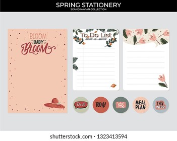 Set of planners and to do lists with spring floral scandinavian illustrations and trendy lettering. Template for agenda, planners, check lists, and other stationery. Isolated. Vector background