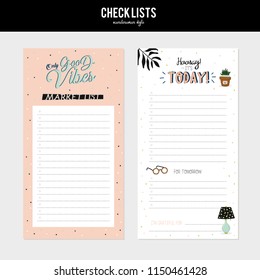 Set of planners and to fo lists with simple scandinavian illustrations and trendy lettering. Template for agenda, planners, check lists, and other stationery. Isolated. Vector. White background