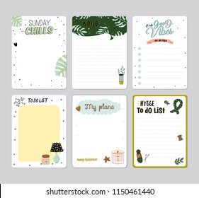 Set of planners and to fo lists with simple scandinavian illustrations and trendy lettering. Template for agenda, planners, check lists, and other stationery. Isolated. Vector. White background