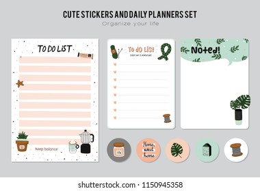 Set of planners and to fo lists with simple scandinavian illustrations and trendy lettering. Template for agenda, planners, check lists, and other stationery. Isolated. Vector. White background