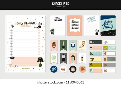 Set of planners and to fo lists with simple scandinavian illustrations and trendy lettering. Template for agenda, planners, check lists, and other stationery. Isolated. Vector. White background