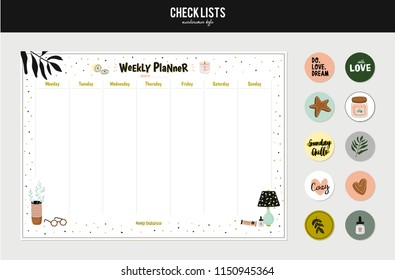 Set of planners and to fo lists with simple scandinavian illustrations and trendy lettering. Template for agenda, planners, check lists, and other stationery. Isolated. Vector. White background