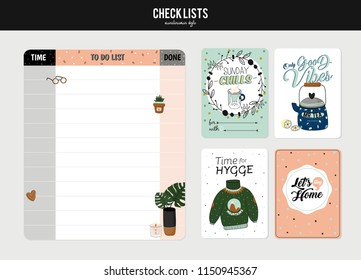Set of planners and to fo lists with simple scandinavian illustrations and trendy lettering. Template for agenda, planners, check lists, and other stationery. Isolated. Vector. White background