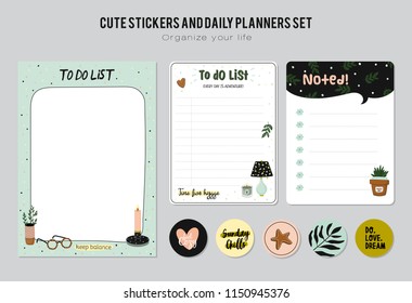 Set of planners and to fo lists with simple scandinavian illustrations and trendy lettering. Template for agenda, planners, check lists, and other stationery. Isolated. Vector. White background
