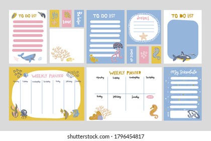 Set of planners and to fo lists with simple scandinavian illustrations of Marine life and trendy lettering. Template for agenda, weekly planners, check lists. Flat Vector hand drawn illustration