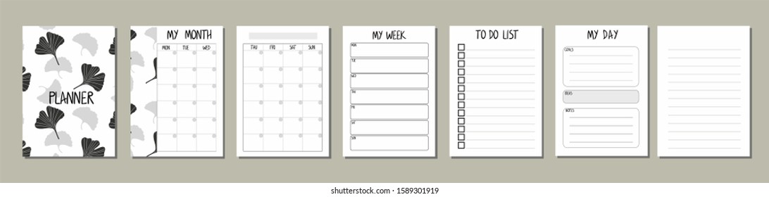 Set of planners with ginkgo biloba leaf design. Daily, weekly, monthly planner template. Notebook page isolated. Business organizer page. Vector sheet of paper ready for printing.