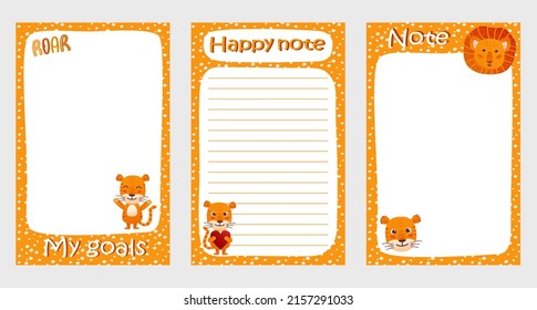 Set of planners, goals, agenda, notes and to do list for kids with hand drawn cartoon animals - lion and tiger. Template for children's schedule, planners, checklists, notepads, notes and cards
