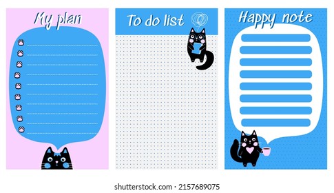 Set of planners, goals, agenda, notes and to do list for kids with hand drawn cartoon animals - black cat. Template for children's schedule, planners, checklists, notepads, notes and cards