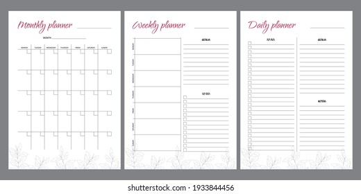 Set of planners with leaf design. Monthly, weekly, daily planner.