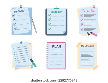 Conjunto de planificadores, hojas de papel memo, nota adhesiva, recordatorio, para hacer lista, pines, marcadores. Plantillas de programación de Office.