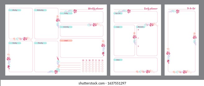 Set of planners with minimalistic floral design. Weekly, daily planner, to do list.