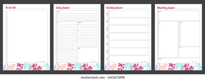 Set of planners with minimalistic floral design. Monthly, weekly, daily planner, to do list.