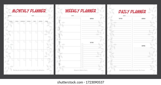 Set of planners with minimalistic floral design. Monthly, weekly, daily planner.