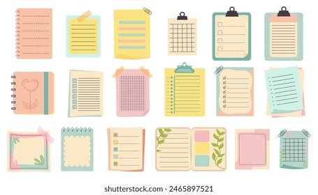 Set of planners, note paper templates. Cute memo template collection.  Colorful notebook empty pages for kids, school or office. 