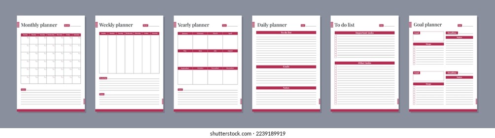  Conjunto de páginas de planificadores. Plantillas diarias, semanales, mensuales, anuales y planificadoras de objetivos.  Organizador de negocios. Ilustración del vector