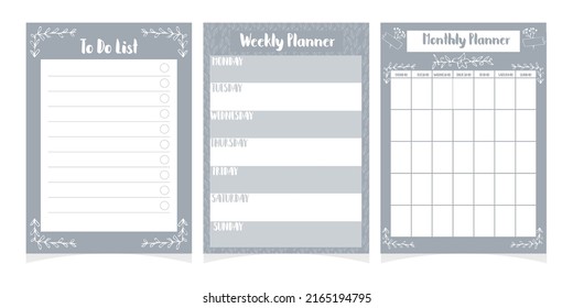 Set of planners template, checklist, daily schedule isolated on white background, printable collection with doodle decoration elements. Vector illustration