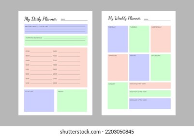 SET Planners Template of personal daily and weekly plan, monthly, weekly planner and Trendy colors. Planner weekly and monthly