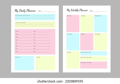 SET Planners Template of personal daily and weekly plan, monthly, weekly planner and Trendy colors. Planner weekly and monthly