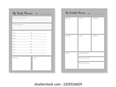 SET Planners Template of personal daily and weekly planner, weekly plan and Trendy pastel colors. Planner weekly and daily planner. Modern gray planner