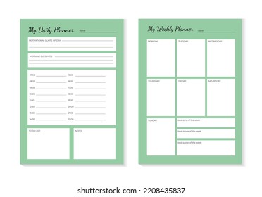 SET Planners Template of personal daily and weekly planner, weekly plan and Trendy pastel colors green. Planner weekly and daily planner