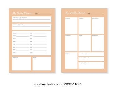 SET Planners Template of personal daily and weekly planner, weekly plan and Trendy pastel colors orange. Planner weekly and daily planner pastel color cute