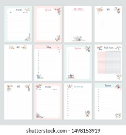 Set of planners and to-do lists with flowers for girls  with cute illustrations and trendy lettering. Template for planners, schedules, agenda, checklists and other kids stationery. Isolated vector