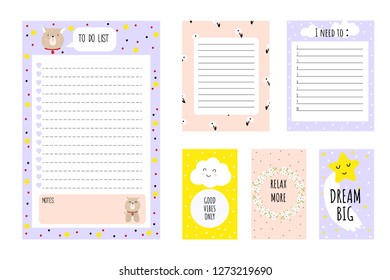 Set of planners and to-do lists with simple Scandinavian illustrations. Notebook, note paper, inspirational writing.