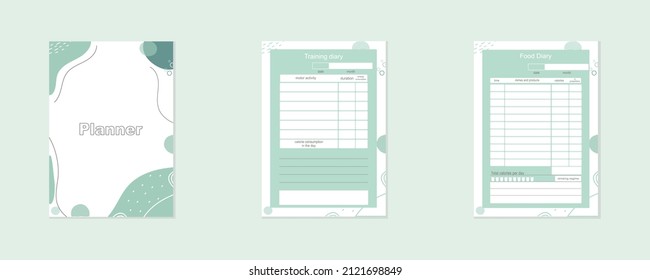A set of planners for training, fitness and nutrition. A4 organizer template for printing. Planning meals, meals and sports schedules. Daily planner.
