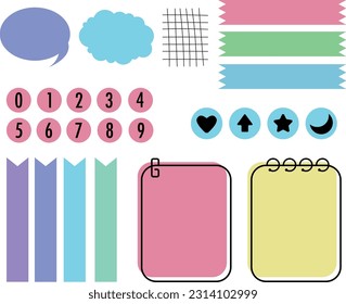 A set of planners, for university, school, scrapbooking, work. Weekly Kit Spread, numbers, icons, speech bubbles, to-do list, grid, pastel colors. Use for diaries, notebooks, albums, calendars