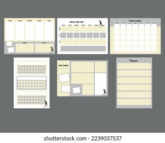 A set of planners of various types, namely - a planner for a year, a month, a week, a menu, a habit tracker, a check list of soft yellow color with a cat