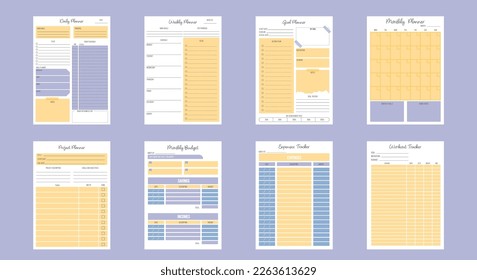 Set of planners.Daily, weekly, monthly planner, monthly budget planner,goal planner, project planner,expenses tracker.Modern and minimalist style. Printable A4 sheets