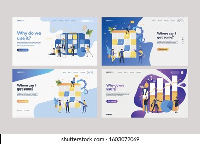 Set of planning boards. Flat vector illustrations of employees sticking paper notes on Kanban boards, analyzing information. Business concept for banner, website design or landing web page