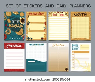 A set of planning and diary cards, note paper, to-do list for planning coffee breaks. Organizer. Vector.