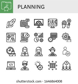 Set von Planungssymbolen. z. B. Verzeichnis, Startup, Event, Engeneering, Management, Strategic, Development, Time Management, Plan, Manager, Entwickler, Planung, Planungssymbole