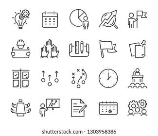 set of planning icons, such as strategy, time, meeting, brainstorm, vote, action plan