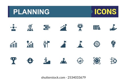 Conjunto de iconos de estilo sólido de planificación. Relacionado con el objetivo, el éxito, el logro, el hito, el progreso, la planificación, la motivación llena de iconos de colección. Ilustración vectorial editable.