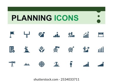 Conjunto de iconos de estilo sólido de planificación. Relacionado con el objetivo, el éxito, el logro, el hito, el progreso, la planificación, la motivación llena de iconos de colección. Ilustración vectorial editable.