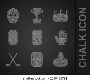 Set Planning strategy, Air hockey table, Mallet for playing air, Hockey glove, Ice sticks, rink, stadium and mask icon. Vector